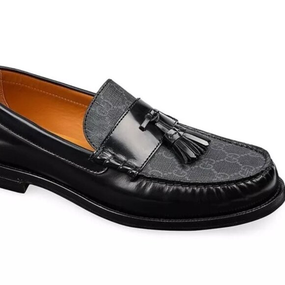 GUCCI SUPREME TASSEL BLACK LEATHER & BLACK CANVAS MEN’S SHOES UK 11 US 12 - Picture 1 of 8